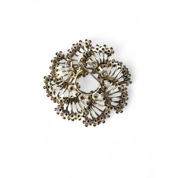 Vintage Pink Enamel Clear Rhinestone Floral Brooch Clip On Earrings Set - Picture 3 of 11